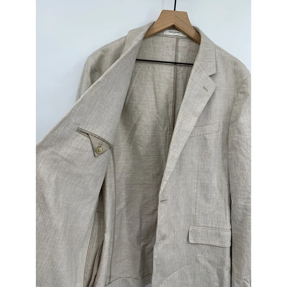 Banana Republic Blazer Mens 42R Beige Glen Plaid Linen Blend Two Button Jacket